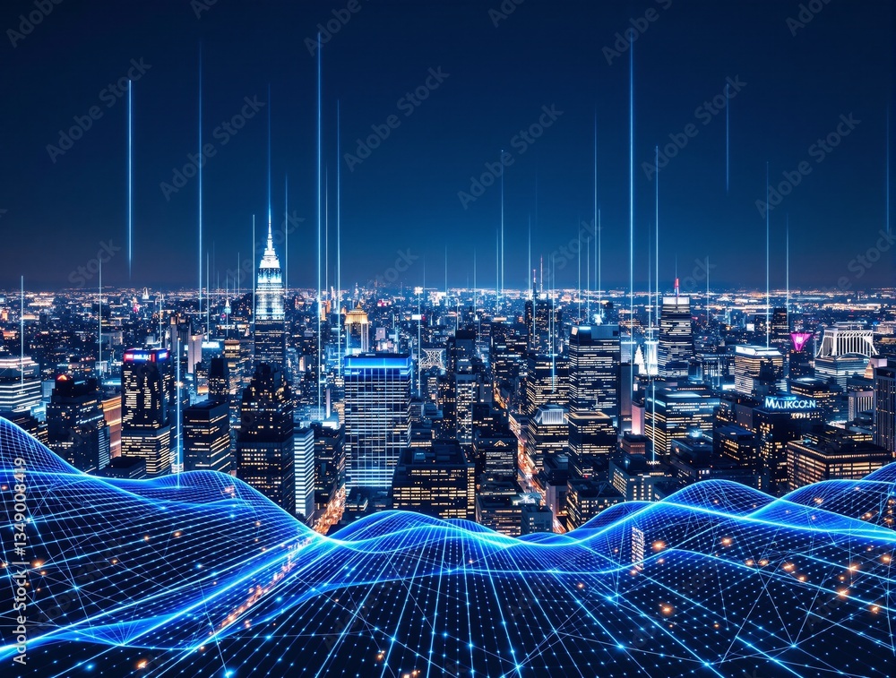 Poster digital city skyline with glowing data streams and network connections over buildings at night, symb