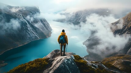 Obraz premium Hiker overlooking a breathtaking fjord from a misty mountain ridge