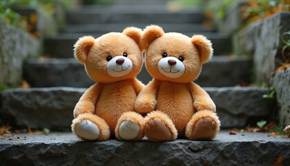 Two cute teddy bears sit on stone steps, blurred background. Plush toys couple love, friendship, relationships. Cosy, heartwarming scene for greeting cards. Childish, childhood, toys, affection,
