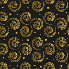 Seamless exquisite luxury pattern of golden spiral meander on black background