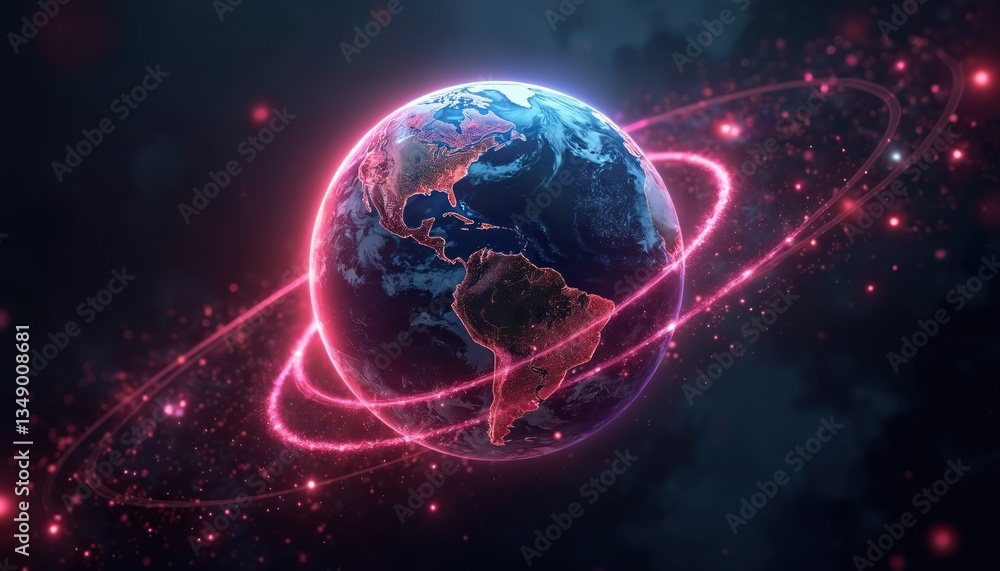 Aufkleber digital rendering earth with glowing pink, blue, red lines. globe surrounded by network, tech connec