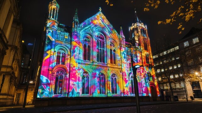 Nighttime building projection mapping, city festival, vibrant colors, autumn leaves