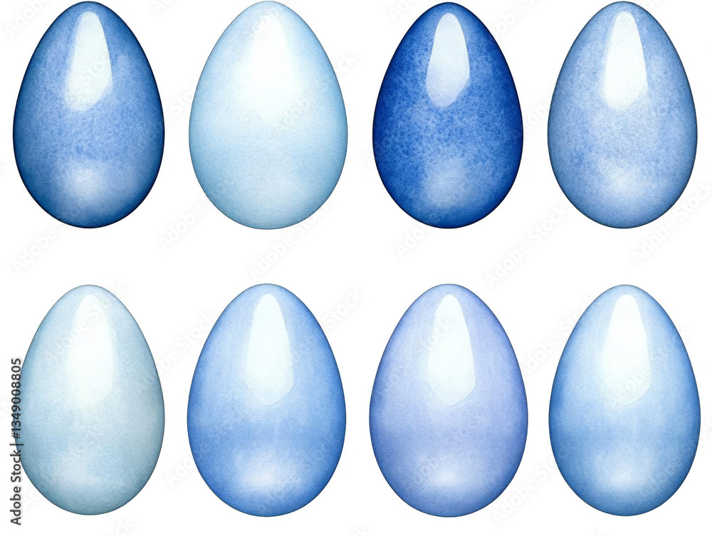 Poster realistic illustration of a variety of blue and white eggs on a transparent background in a studio s