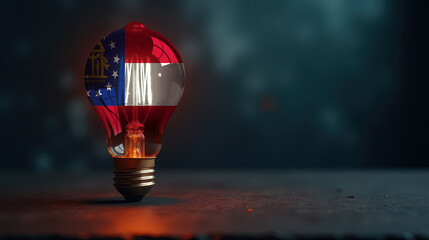 A patriotic concept: A light bulb with the Georgia flag design glowing in the dark, symbolizing ingenuity, technology, and energy independence