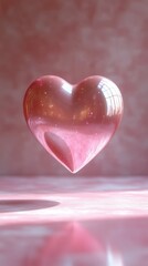Heart-shaped crystal in a soft pink ambiance floating above a reflective surface