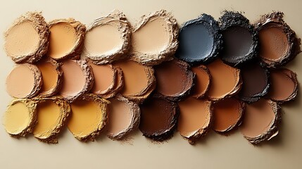 A beautiful gradient of foundation makeup shades, smeared across a beige background, highlights diverse skin tones and celebrates inclusive beauty.