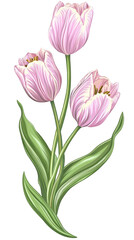Fototapeta premium Realistic Illustration Of Three Pink Tulips With Green Stems And Leaves Isolated On Transparent Background