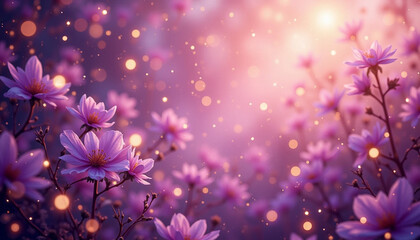 Magical purple flowers with glowing bokeh lights