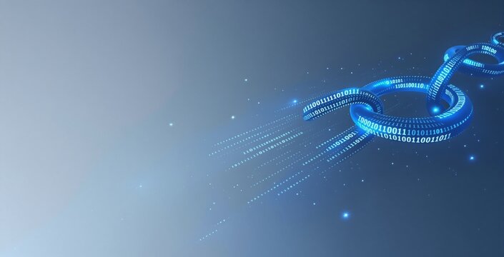 Glowing blue blockchain chain links with binary code flow on a futuristic digital background, symbolizing security, technology, and decentralized networks. Ai generative
