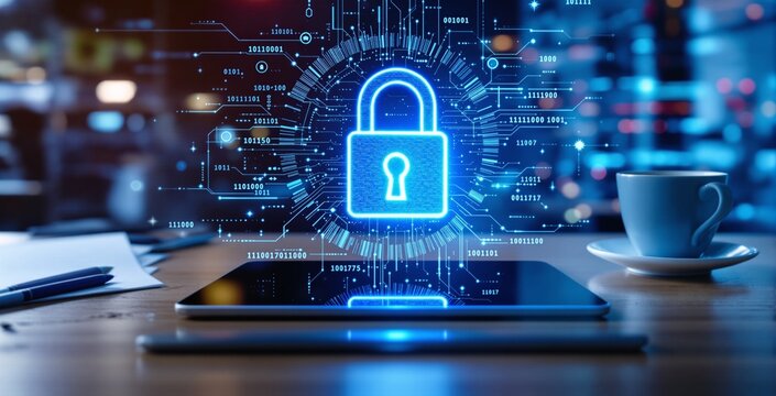 Digital padlock hologram over tablet on wooden desk with pen and coffee cup, futuristic technology concept, cybersecurity background. Ai generative