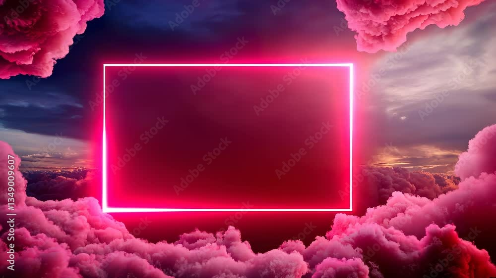 Poster vibrant neon 3d background, rectangle frame in a dreamy sky with fluffy clouds, creating a surreal a