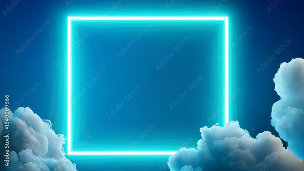 Poster vibrant neon 3d frame rectangle glowing in a dreamy sky with background, clouds, creating a surreal 