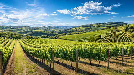 Naklejka premium Panoramic View of Lush Green Vineyard with Rows of Vines under a Bright Blue Sky