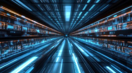 Futuristic data center tunnel; digital streams, glowing server racks, fast motion blur; tech background