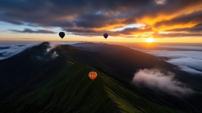 Sunrise over mountains with hot air balloons.  Vast landscape view of a mountain range, lush greenery, clouds, and three hot air balloons against a vibrant sunrise