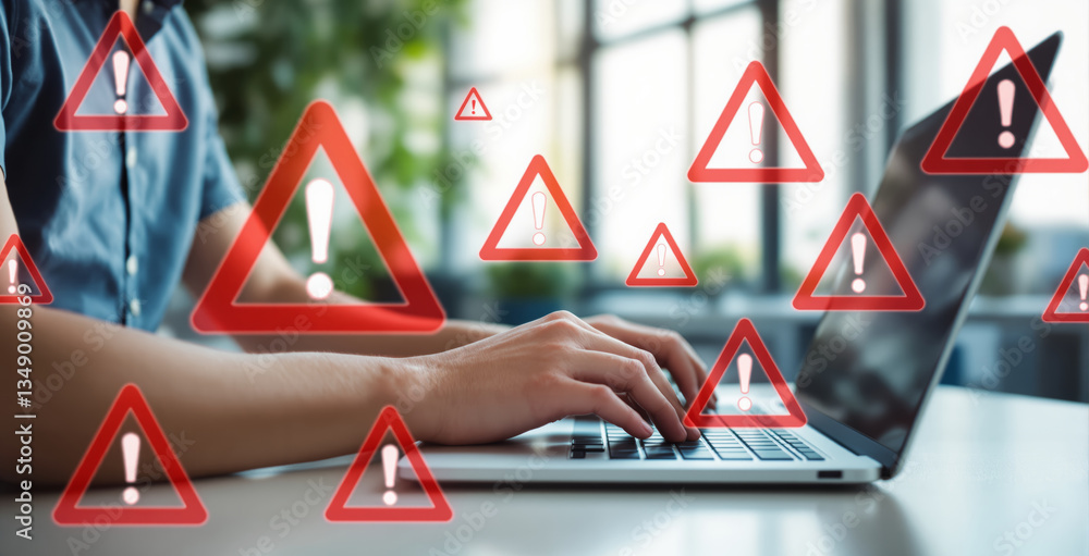 Poster hands typing on a laptop with multiple red warning symbols floating around, on a blurred background.