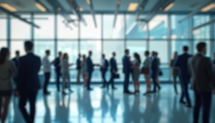 Blurred business people at office party. Corporate event with casual attire. Group of happy colleagues celebrating success, achievement, teamwork. Modern urban setting, vibrant interaction,