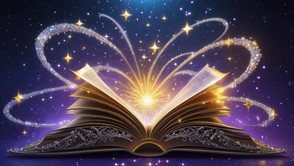 3D Vector Magic Book with Golden Light & Glittering Stars: Open Pages on Dark Background with Mystical Glow & Dazzling Streams for Fantasy & Learning