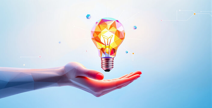 Futuristic polygonal hand holding a geometric light bulb, glowing with vibrant colors on a digital blue background. Concept of innovation and creativity. Ai generative - Powered by Adobe