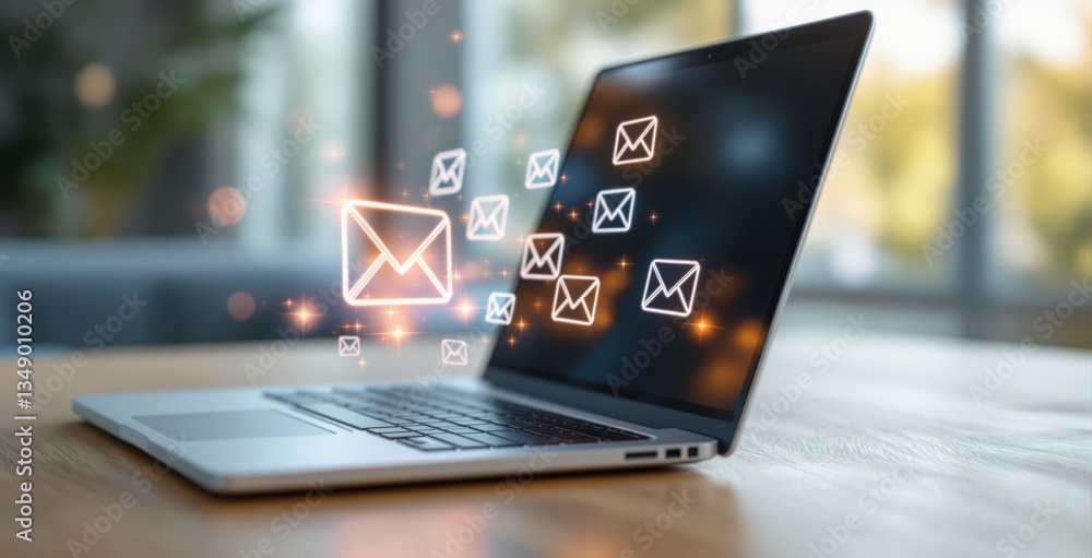 Poster open laptop with glowing email icons hovering above the keyboard, symbolizing digital communication 