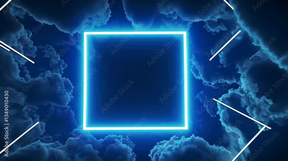 Poster vibrant neon 3d frame in glowing clouds, a dreamy sky with fluffy rectangle creating a surreal and f