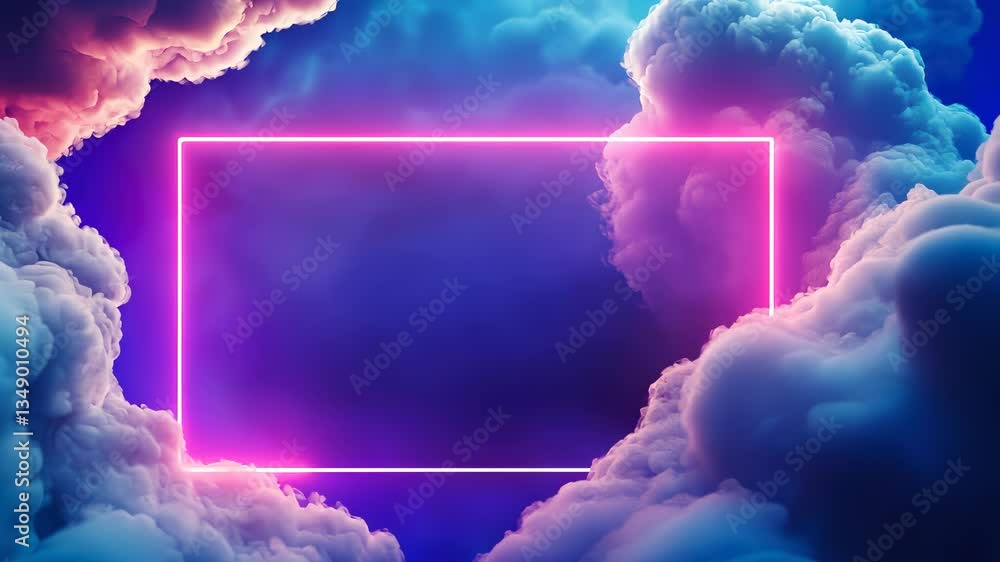 Poster vibrant neon 3d frame rectangle glowing in a dreamy sky with fluffy text creating a surreal and clou