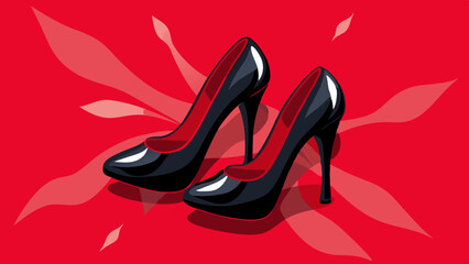 Black female high heel shoes on red background, top view