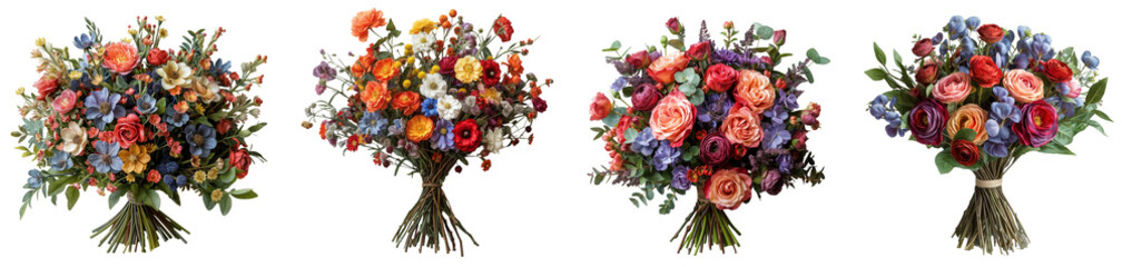 Vibrant Tied Flower Bouquets Pack of 4 Isolated on a Transparent Canvas PNG File