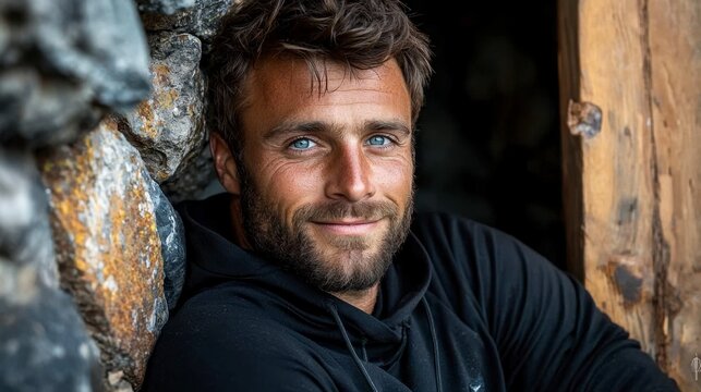 In a captivating close-up, a man with striking blue eyes exudes warmth and happiness He is framed by the rugged texture of a stone wall, a natural backdrop that enhances his earthy charm He is