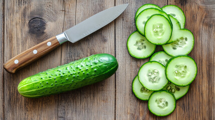 Freshly Sliced Cucumber on Wooden Surface with Knife in Top Down View Highlighting Natural Texture and Crunch