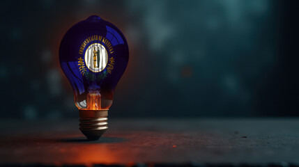 A patriotic concept: A light bulb with the Kentucky flag design glowing in the dark, symbolizing ingenuity, technology, and energy independence