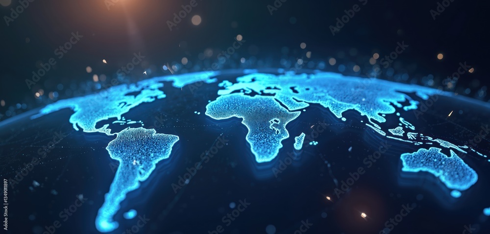 Fototapete Global network concept with blue light effect on dark background. Digital world map with connection lines, dots. Technology, communication, worldwide data exchange.