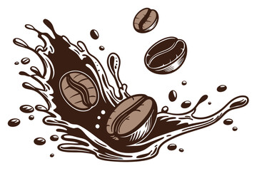 39 Coffee splash, dynamic liquid motion, coffee beans, brown and black tones, high-speed photography, white background, crisp details, artistic food photography, glossy surface, droplets, aromatic, en