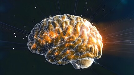 A glowing, digital representation of a human brain with a neural network overlay, illuminated by golden light, symbolizing AI, intelligence, and connectivity in a futuristic style.