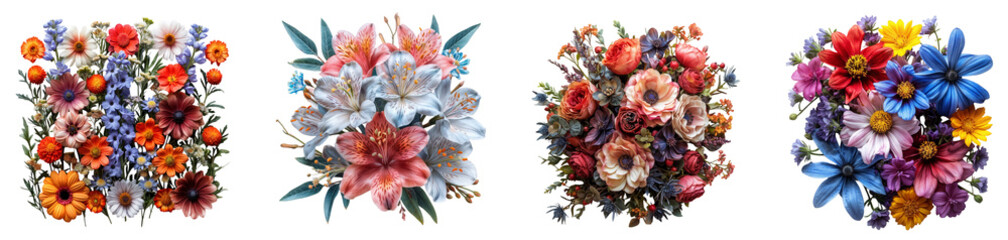 Beautiful Assorted Flower Bouquets Pack of 4 Isolated on a Transparent Canvas PNG File