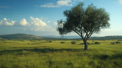 Solitary olive tree in idyllic meadow, hills background, peaceful nature scene, website banner