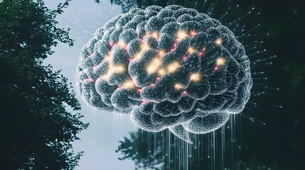 A glowing, digital brain with interconnected neural networks, floating in nature, symbolizing AI, intelligence, and the fusion of technology with the environment.