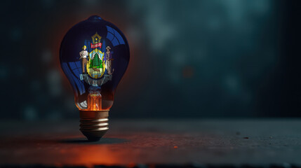 A patriotic concept: A light bulb with the Maine flag design glowing in the dark, symbolizing ingenuity, technology, and energy independence