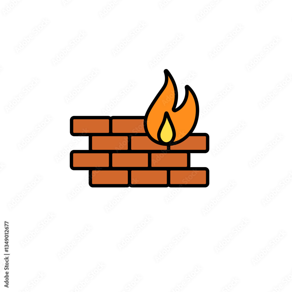 Poster simple icon shows firewall with red bricks and flame, symbolizing cybersecurity in a tech context.