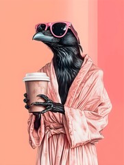 Obraz premium A stylish raven wearing pink sunglasses and a robe, holding a coffee cup against a soft pink background, creating a humorous and surreal aesthetic.