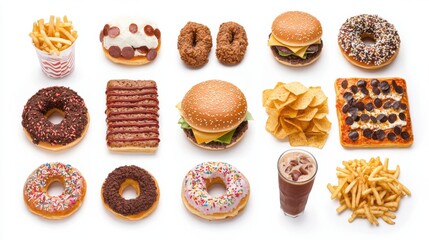 
All types of fast food items set. Fast food collection. Different fast foods assorted, isolated on white background. hamburger, cake, cola, milkshake, donut, pizza, fries, fried chicken, chips.