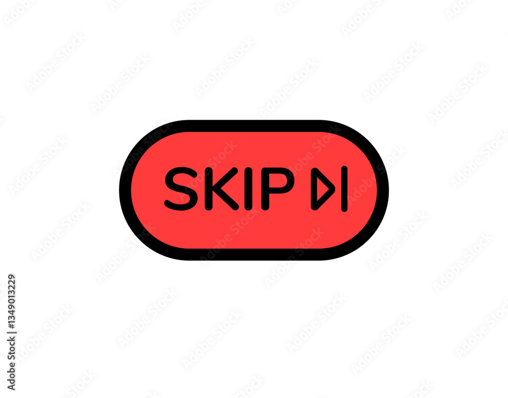 Poster red skip button icon with black outline and play symbol on the right side for media control.