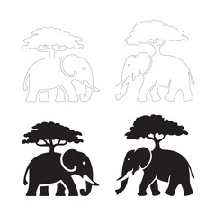 Elephant Silhouette with Acacia Tree. Fully editable Flat and Outline.