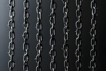 multiple rusted chains hanging vertically against a dark background, emphasizing texture, decay, and an industrial aesthetic.
