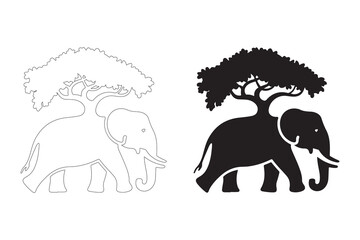 Elephant Silhouette with Acacia Tree. Fully editable Flat and Outline.