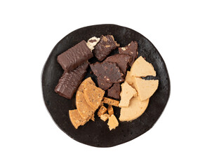 Protein cookie isolated, broken round energy snack with peanuts, chicory fibre