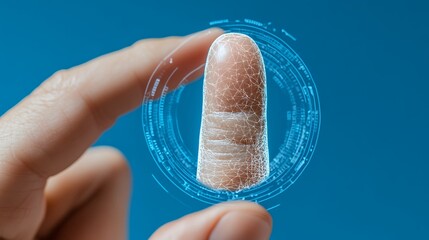 Digital Fingerprint Scan On Fingertip Against Light Blue Background