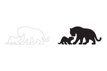 Silhouette of a Mother Panther and Cubs. Fully editable Flat and Outline.