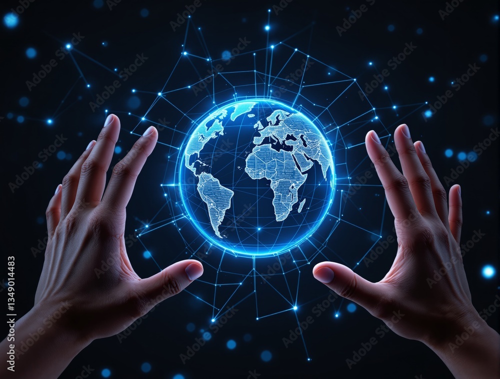 Poster hands reaching towards a glowing digital globe with blue network connections on a dark background. c