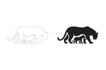 Silhouette of a Mother Panther and Cubs. Fully editable Flat and Outline.